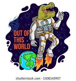 Engraving cool dude in space suit astronaut dino t rex flying out of this world in space between stars planets galaxies. Cartoon comics pop art for print design t-shirt apparel tee poster for children