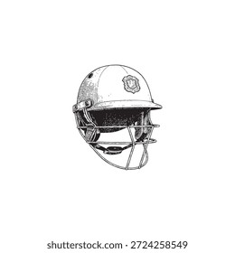 Grabado de un casco de cricket con un protector facial protector.