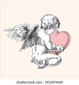 Engraving cupid hugs a heart.