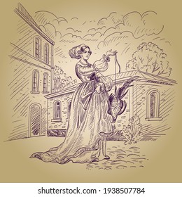 The engraving depicts a servant girl carrying a grouse bird. She is in an urban environment in traditional 18th-century clothing. Europe 18th century