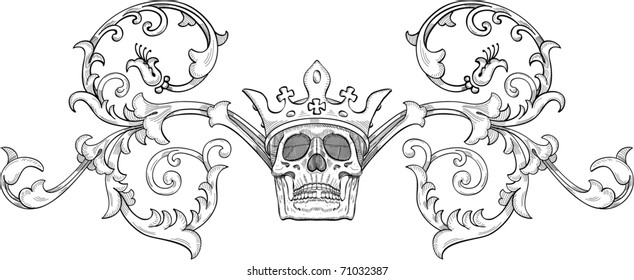 Engraving design of skull with crown