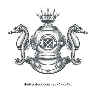 Engraving Diving Helmet with Crown and Seahorses isolated on white vector illustration