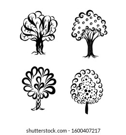 Engraving Doodle Sketchy Set of Monochrome Tree Silhouette. Drawing Collection of Different Types Trees. Hand Drawn Illustration on White Background