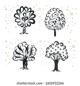 Engraving Doodle Sketchy Set of Monochrome Tree Silhouette. Collection Flat Icon of Different Types Trees. Hand Drawn Illustration on White Background