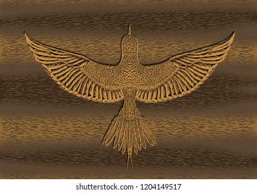 Engraving dove on the nature background.Back of swallow on animal pattern.Symbol of freedom.Flying bird on the striped background.Material design.Print for t shirt.Fashion pattern for fabric design