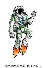 Engraving draw with astronaut spaceman which flying up in special space suit. Vintage cartoon character illustration comics pop art style isolated white background. Print design for t shirt apparel