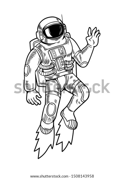 宇宙飛行士が特殊宇宙服で飛び上がるドローを彫り込む 白い背景にビンテージアニメ のキャラクターイラストの漫画ポップアートスタイル シャツの衣服のデザインを印刷 のベクター画像素材 ロイヤリティフリー