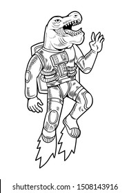 Engraving draw astronaut t rex space dino which flying up in special space suit. Vintage cartoon character illustration comics pop art style isolated white background. Print design for t shirt apparel