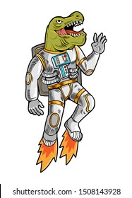 Engraving draw astronaut t rex space dino which flying up in special space suit. Vintage cartoon character illustration comics pop art style isolated white background. Print design for t shirt apparel