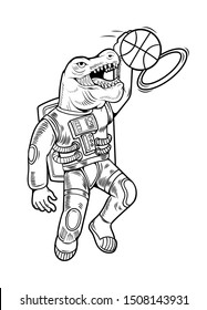 Engraving draw with astronaut t rex which play basketball and make slam dunk. Vintage cartoon character illustration comics pop art style isolated white background. Print design for t shirt apparel