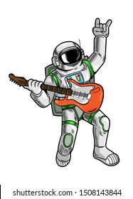 Engraving draw with cool dude astronaut spaceman rock star play on guitar in space suit. Vintage cartoon character illustration comics pop art style isolated white background. Print design for t shirt