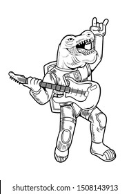 Engraving draw cool dude astronaut t rex tyrannosaurus rock star play on guitar in space suit. Vintage cartoon character illustration comics pop art style isolated background. Print design for t shirt