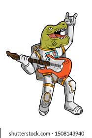 Engraving draw cool dude astronaut t rex tyrannosaurus rock star play on guitar in space suit. Vintage cartoon character illustration comics pop art style isolated background. Print design for t shirt