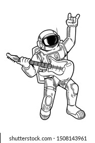 Engraving draw with cool dude astronaut spaceman rock star play on guitar in space suit. Vintage cartoon character illustration comics pop art style isolated white background. Print design for t shirt