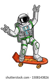 Engraving draw with funny cool dude astronaut spaceman ride on skateboard in space suit. Vintage cartoon character illustration comics pop art style isolated white background. Print design for t shirt