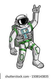 Engraving draw with funny cool dude astronaut spaceman in space suit. Vintage cartoon character illustration comics pop art style isolated white background. Print design for t shirt apparel.