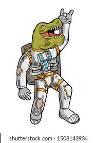 Engraving draw with funny cool dude astronaut t rex tyrannosaurus in space suit. Vintage cartoon character illustration comics pop art style isolated white background. Print design for t shirt apparel