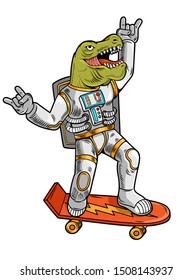 Engraving draw funny cool dude astronaut t rex tyrannosaurus ride on skateboard in space suit. Vintage cartoon character illustration comics pop art style isolated background. Print design for t shirt