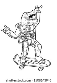 Engraving draw funny cool dude astronaut t rex tyrannosaurus ride on skateboard in space suit. Vintage cartoon character illustration comics pop art style isolated background. Print design for t shirt