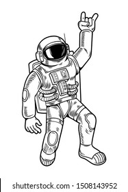 Engraving draw with funny cool dude astronaut spaceman in space suit. Vintage cartoon character illustration comics pop art style isolated white background. Print design for t shirt apparel.