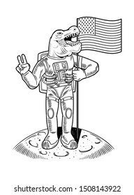 Engraving draw with green astronaut t rex tyrannosaurus in space suit on moon hold american usa flag the first flight on moon space program Apollo. Vintage cartoon character illustration print design.