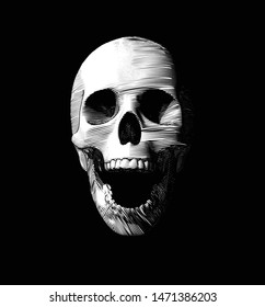 Engraving drawing human skull open mouth jaw vector illustration isolated on black background