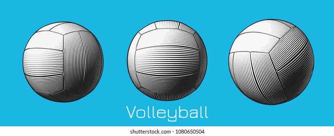 Engraving drawing monochrome volleyball in three view point set isolated on blue background