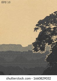 Engraving. Drawing on old paper. Scratchboard. Scenery. Tree and hills.