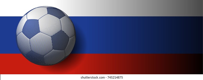 Engraving drawing soccer ball illustration on white blue red stripe BG with space for text