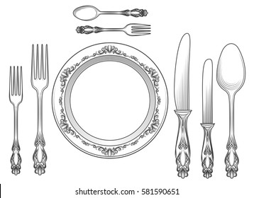 Engraving empty plate and spoon  knife   fork vector illustration  Cutlery   dinner plates hand drawn sketch for restaurants