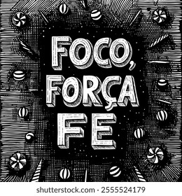 Engraving encouraging words lettering in Brazilian Portuguese. Translation - Focus, force and faith.