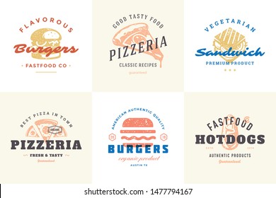 Engraving fast food logos and labels with modern vintage typography hand drawn style set vector illustration. Burger, pizza and hot dog silhouettes for cafe packaging and restaurant menu.