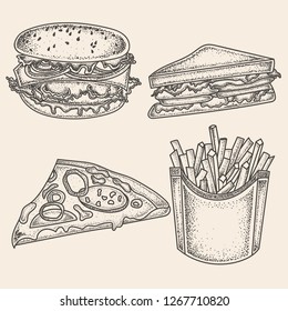 Engraving with fast foods.Burger, French fries, sandwich and a piece of pizza