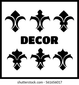 Engraving fleur de lis icons set. Antique decoration fleur de lis