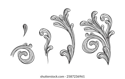 Engraving floral decorative design element. Vintage baroque scroll ornament. Antique style swirl retro pattern. Filigree calligraphy hand drawing vector illustration. For decoration, print and design