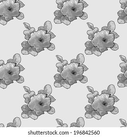 Engraving flowers roses seamless vector pattern. Floral wallpaper background