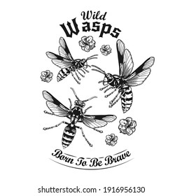 Engraving flying wild wasps tattoo vector illustration. Vintage wasps and flowers. Dangerous insects and fauna concept can be used for retro template, banner or poster