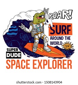 Engraving funny cool dude in space suit surfer dino green t rex catch the cosmic wave on space surfboard surfing between stars planets galaxies. Cartoon comics pop art for print design t shirt apparel