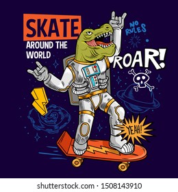 Engraving funny cool dude in space suit skater dino green t rex ride on space skate board between stars planets galaxies. Cartoon comics pop art for print design t shirt apparel poster for children.