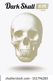 Engraving gold skull vector drawing illustration in front view on white background