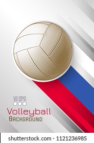 Engraving golden volleyball and shadow line space illustration with red blue white color stripe in Russia theme on white dynamic background