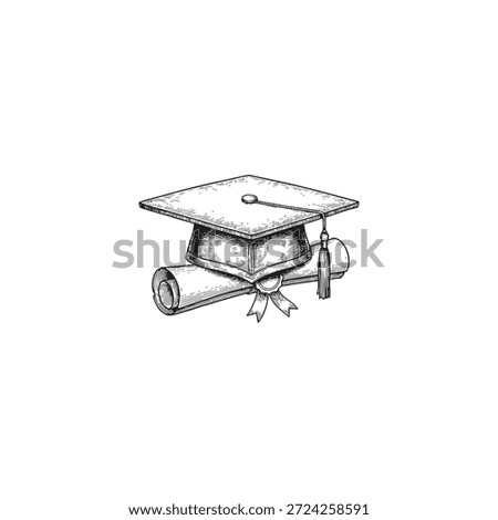 Engraving of Graduation Cap and Diploma with full white background.
