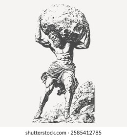 Engraving of the Greek Titan Atlas carrying a massive boulder on his shoulders. A symbol of endurance, strength, and mythology.