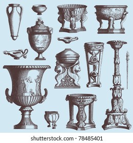 Engraving Greek urn from atlas published in 1851 (The iconographic encyclopedia of science, literature and art). Vector image.