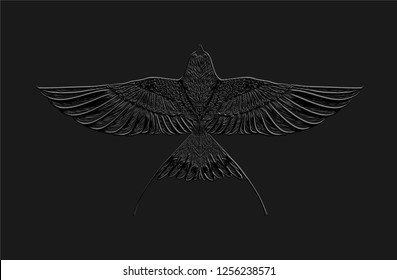 Engraving Grey Swift On The Black Background. Hand Drawn Flying Bird. Sketch Print For T Shirt And Tattoo Art.