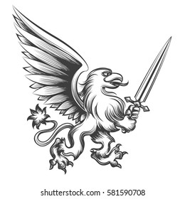 Engraving griffin with sword vector illustration. Hand drawn heraldry gryphon mythology beast for logo