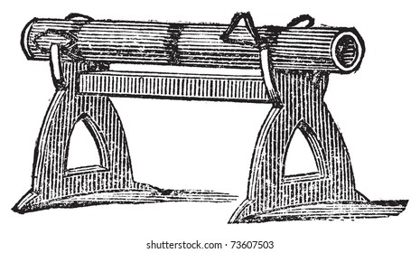 Gravur einer Schusswaffenplattform, die 1346 in der Schlacht von Cressy eingesetzt wurde. Alte Illustration einer antiken Waffe, die im Hundertjährigen Krieg verwendet wird.