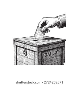 Grabado de una mano emitiendo un voto al depositar una boleta en una caja de madera.