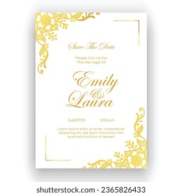 engraving hand drawn golden wedding invitation template