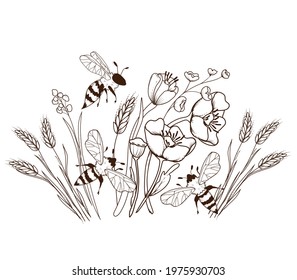 Engraving hand drawn image of honey bees flying above wildflowers, vector illustration isolated on white background. Creative decoration with bees and flower for natural honey packaging.
